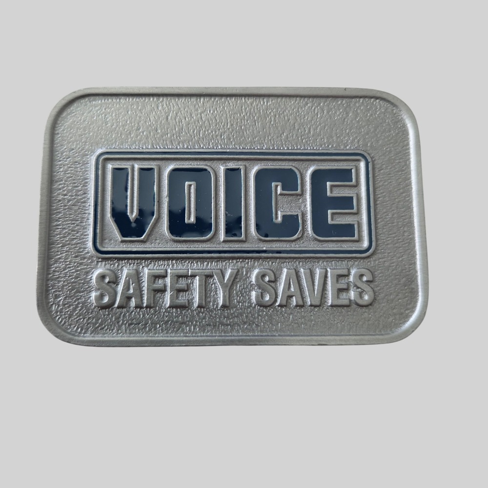 Voice Safety Saves Belt Buckle Silver Tone Blue Enamel Industrial Logo Vintage